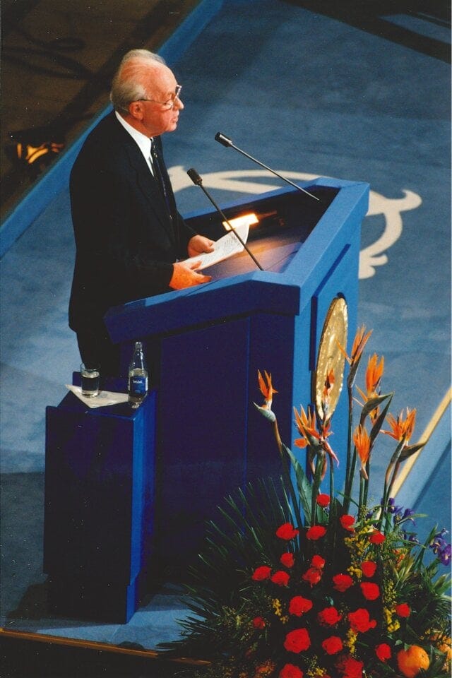 Yitzhak Rabin delivering his Nobel Prize lecture