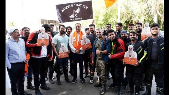 BJP candidate from Chandigarh attends a bike rally as a part of his election campaign. (HT photo)