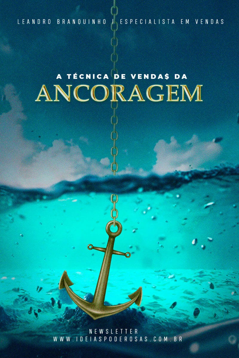 Âncora na cor dourado envelhecido afundando no mar de cor azul claro como o céu.