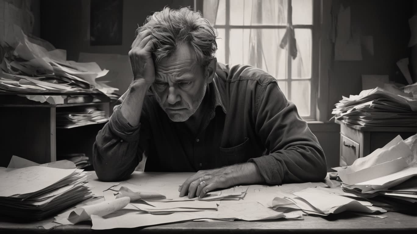 A creatively struggling middle-aged man, his face etched with deep lines of contemplation and frustration, sits at a cluttered desk strewn with crumpled papers and abandoned projects. The dim light casts shadows on his furrowed brow, highlighting the weariness in his eyes. This evocative image, possibly a charcoal sketch, beautifully captures the complexities and challenges of navigating the midpoint of life. The artist's skill shines through in the masterful rendering of emotions and details, making this a truly striking piece that resonates with anyone who has experienced a creative block.