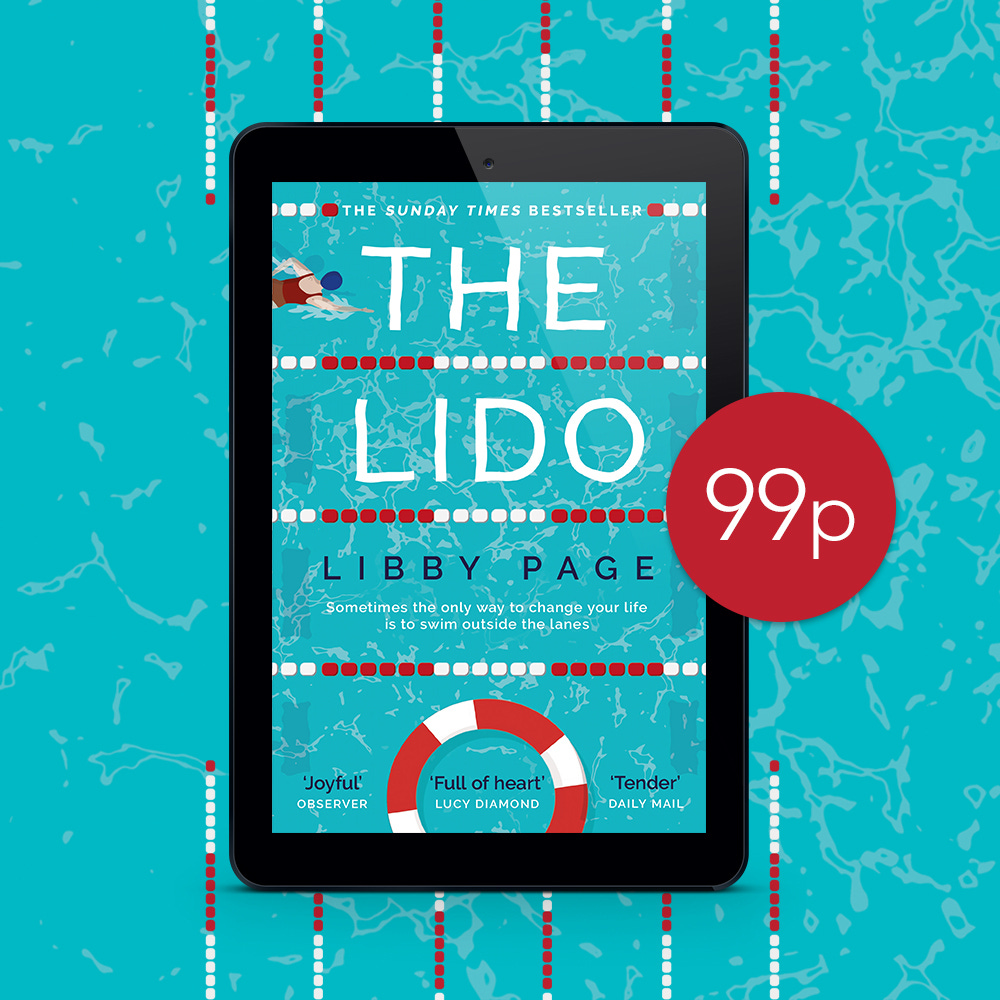 A graphic that shows the book cover of The Lido by Libby Page against a blue backdrop that looks like a swimming pool. 