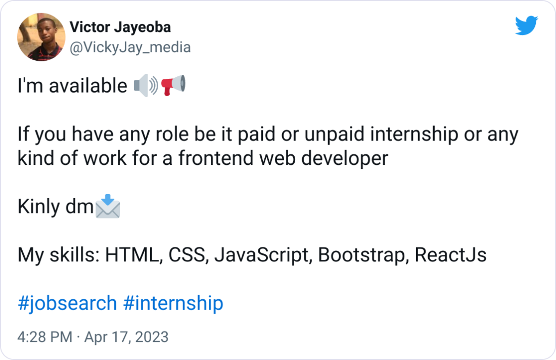 I'm available 🔊📢  If you have any role be it paid or unpaid internship or any kind of work for a frontend web developer  Kinly dm📩  My skills: HTML, CSS, JavaScript, Bootstrap, ReactJs  #jobsearch #internship