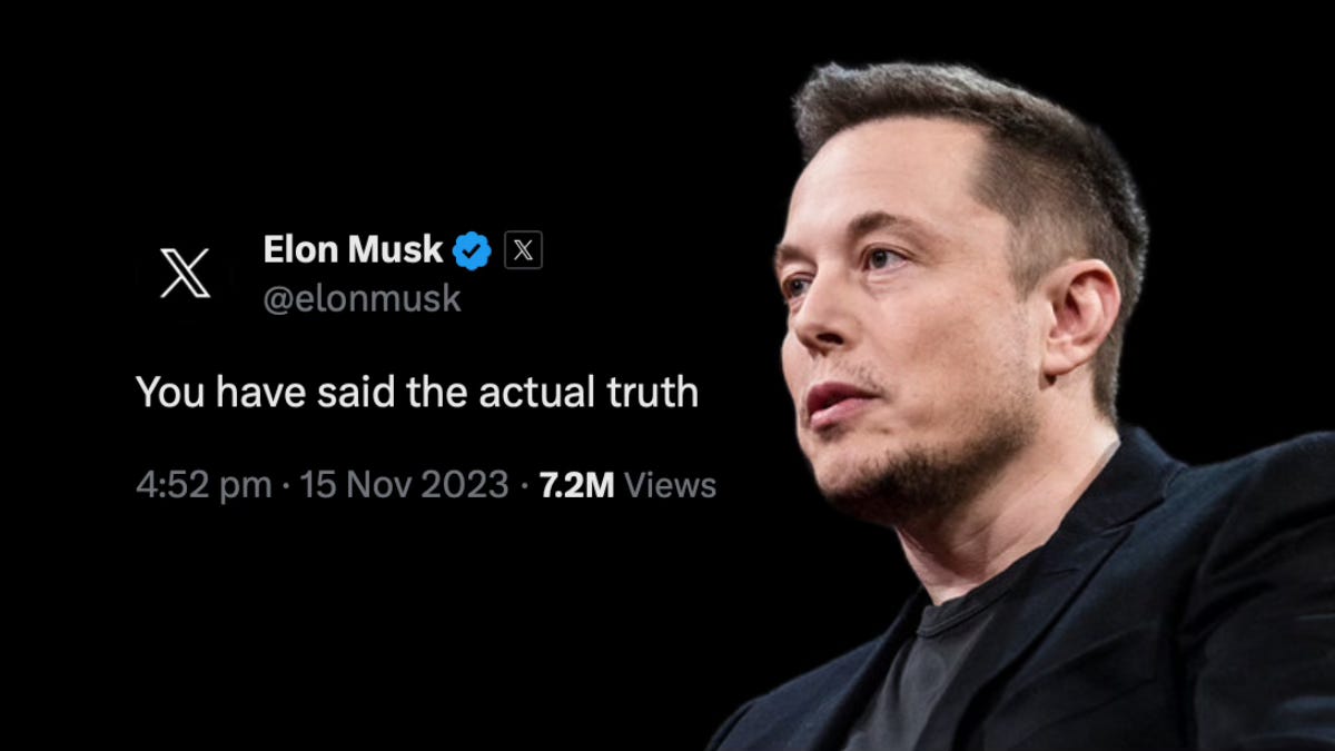 Elon Musk next to his tweet saying "You have said the actual truth."