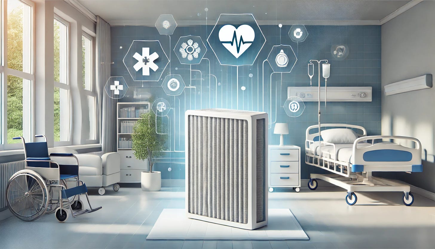 A visually appealing and informative header image for a blog article titled 'How to Not Be Completely Wrong About Air Filters,' with a medical focus. The image should feature a modern air filter prominently in a residential care facility setting, incorporating elements like medical beds or subtle health-related icons (such as a stethoscope or heart symbol) in the background. The design should emphasize cleanliness and air purity with a light blue and white color palette, symbolizing healthcare and infection prevention. It should maintain a professional and inviting tone suitable for the topic.