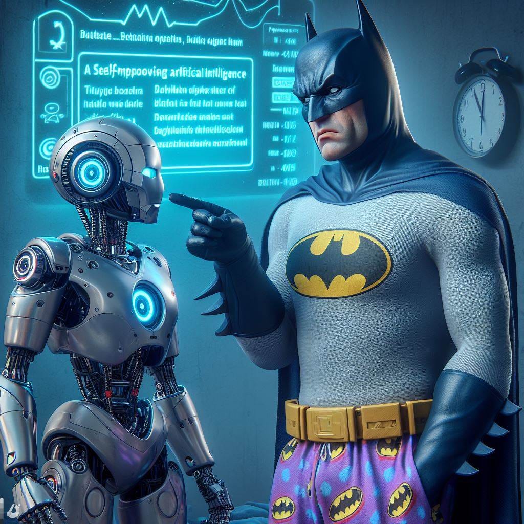 Batman in pijamans talking to a self-improving artificial intelligence with a suspicion in his eyes