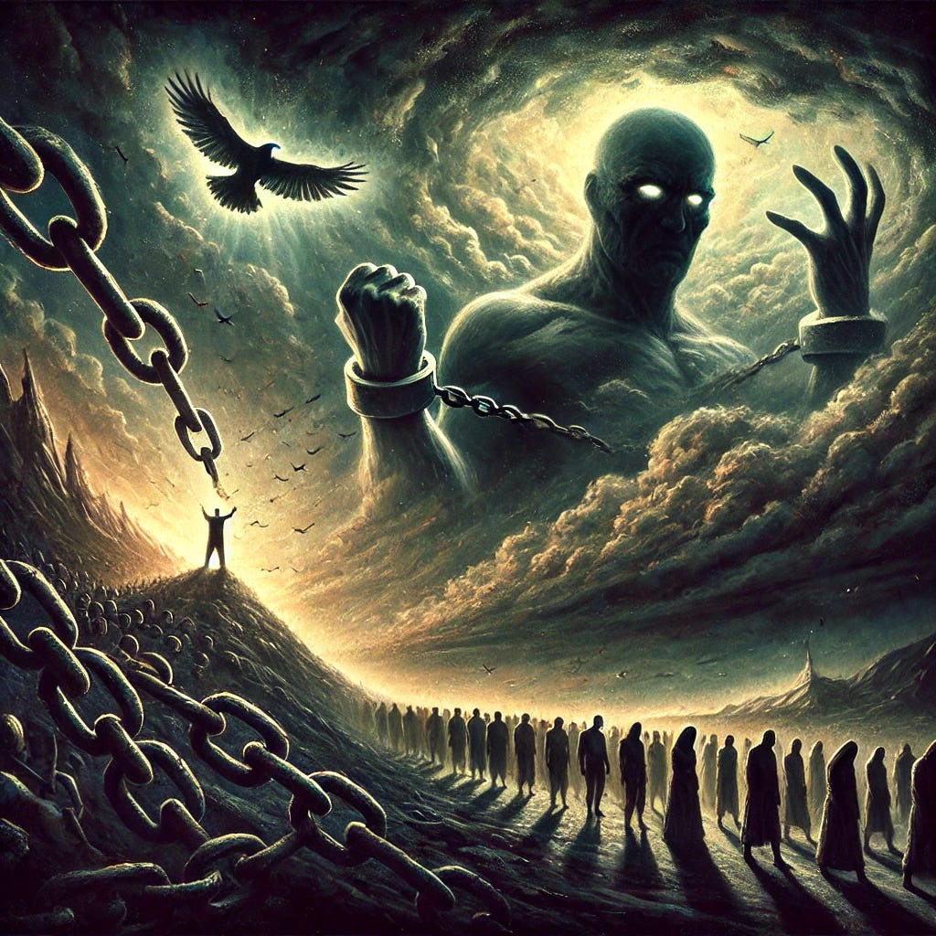 the struggle between tyranny and the desire for freedom. In the foreground a towering figure representing the tyrant—his face distorted by madness and power. Chains extend from his hands, binding a crowd of faceless, silent people, their heads bowed in submission. Above them, a dark sky looms, with storm clouds swirling in chaotic patterns, symbolizing oppression. In the distance, a single bird—representing freedom—struggles to break free from a shackle, its wings illuminated by a faint beam of light breaking through the clouds. The landscape is shadowed and rugged, with paths that seem treacherous and uncertain, representing the difficulty of resistance. The overall tone is dark and oppressive, with a glimmer of hope on the horizon