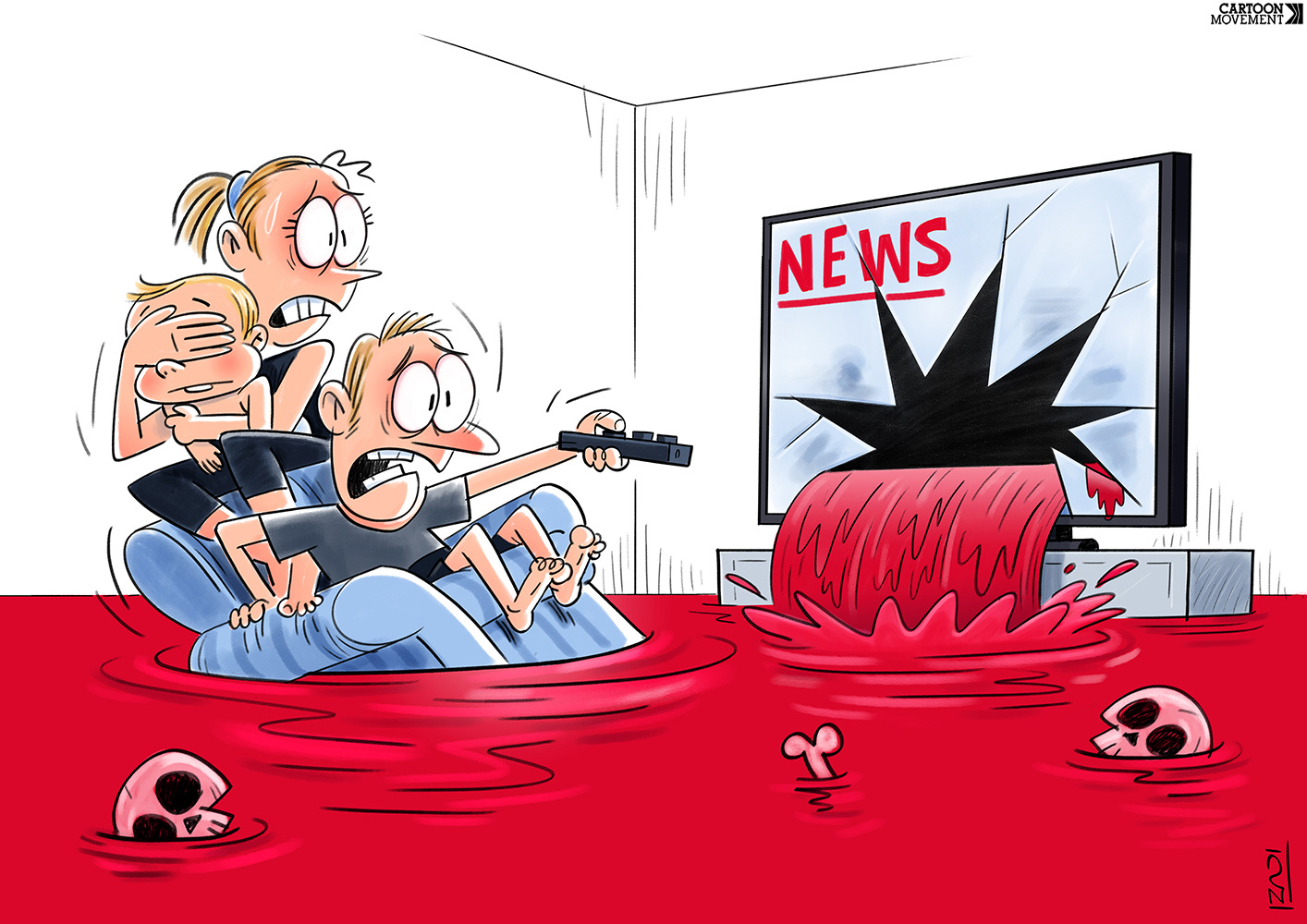 Cartoon showing a scared family huddling together on a chair in front of the TV. The glass of the TV screen has broken, and blood is pouring out, filling up the room. Skulls are floating in the blood that already pooling in the room.