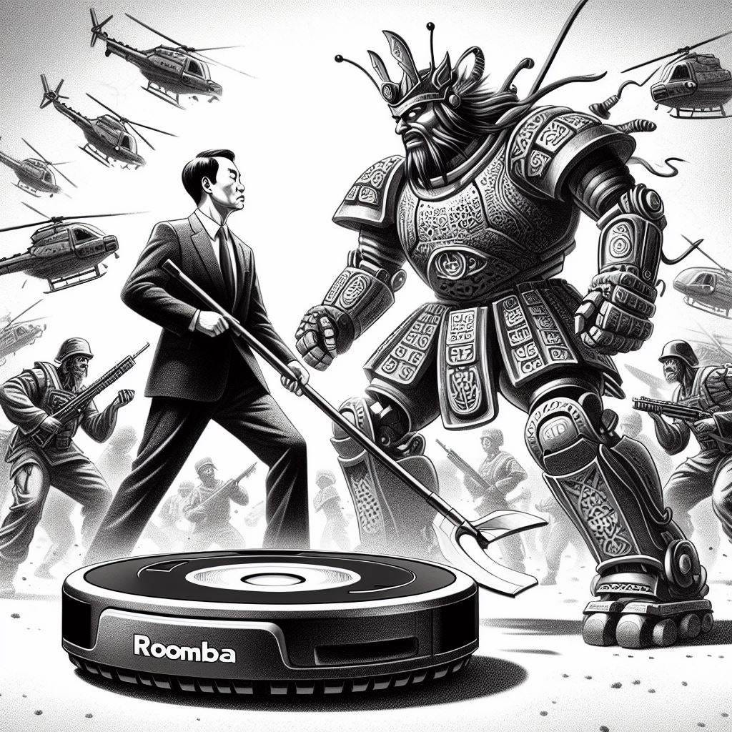 a roomba fighting a Chinese robot in Harvard Business Review drawing style, no writing, no inscription, everything black and white exept the chinease robot