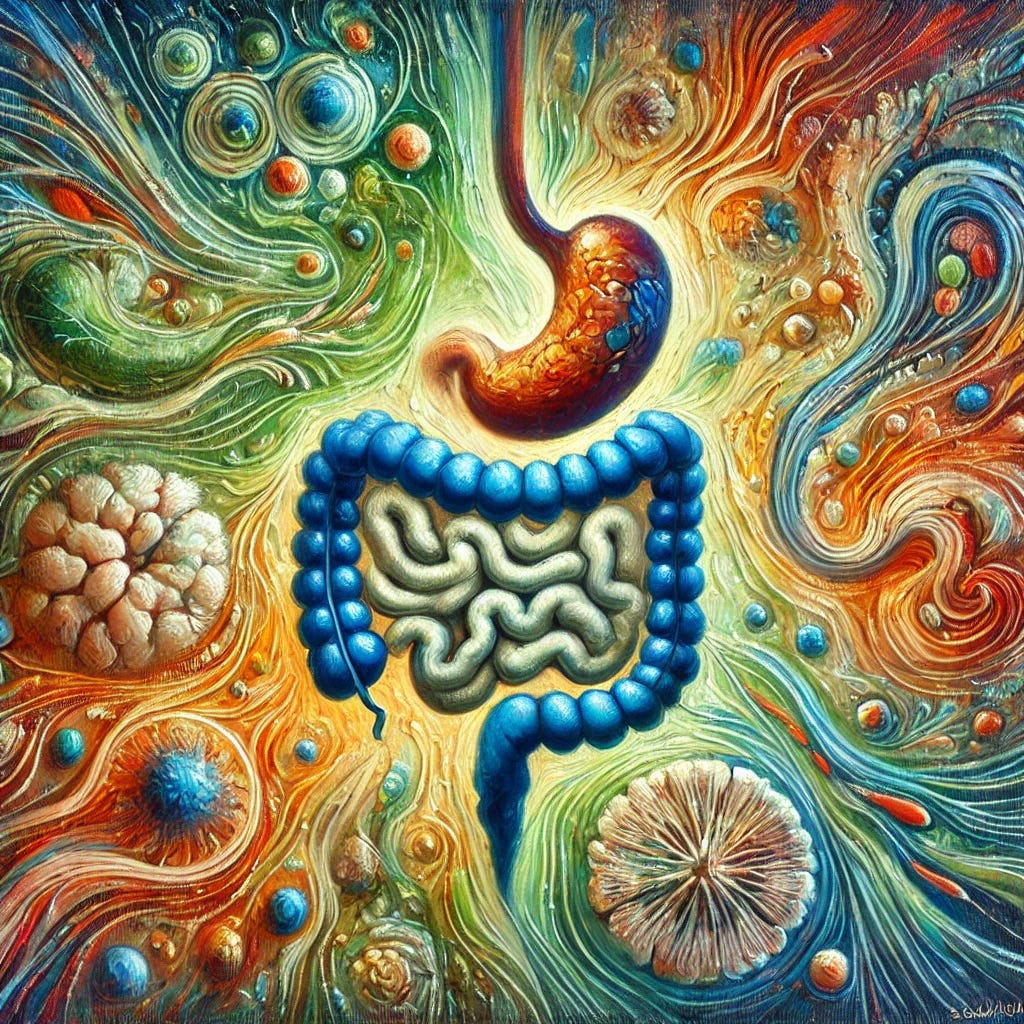 An abstract oil painting in an impressionist style inspired by themes of gut health and its profound impact on overall well-being. The painting features vibrant, flowing patterns symbolising the gut-brain connection, represented by intertwining blues and golds. Shades of green and earthy tones highlight natural healing and balance, while fiery reds and oranges evoke inflammation and repair. The composition includes subtle, cellular-like textures and swirling energy, reflecting the dynamic processes within the gut. The overall effect is harmonious and evocative, suggesting health, vitality, and the interconnectedness of body systems.