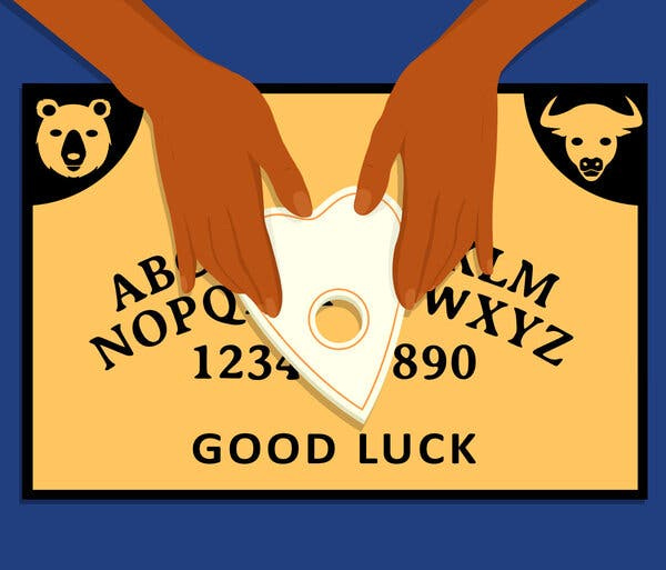 An illustration shows two hands positioned over a Ouija board.