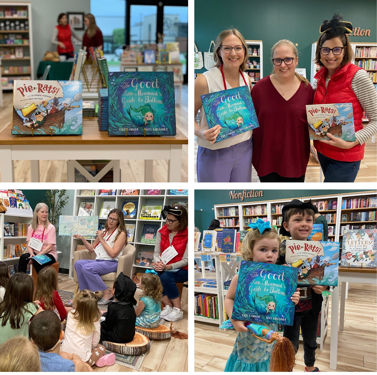 Four photos from a story time author visit with Eija Sumner and Lisa Riddiough. Images include Eija reading her book and kids dressed up as mermaids and pirates!