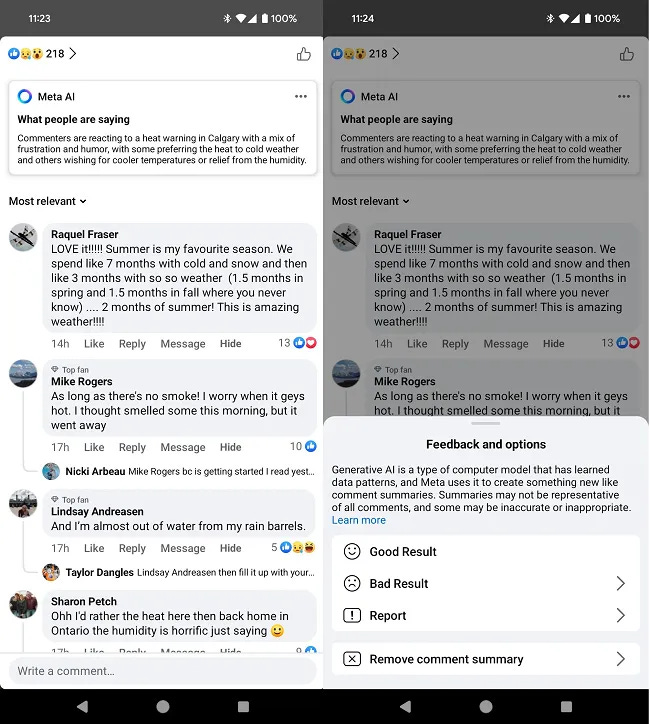 Meta AI comment summaries