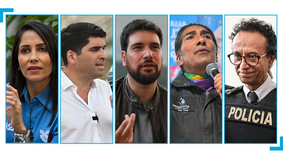 De izquierda a derecha:  Luisa González, Otto Sonnenholzner, Jan Topic, Yaku Pérez y Christian Zurita, candidatos favoritos a las elecciones anticipadas en Ecuador del 20 de agosto de 2023.
