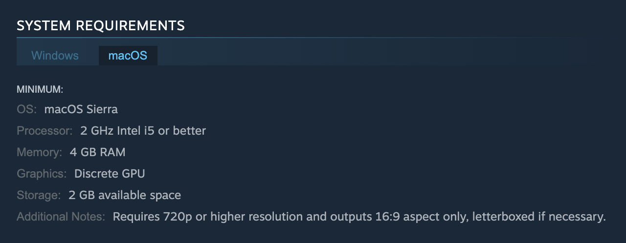A screenshot of the systems requirements for a game listed on Steam.
