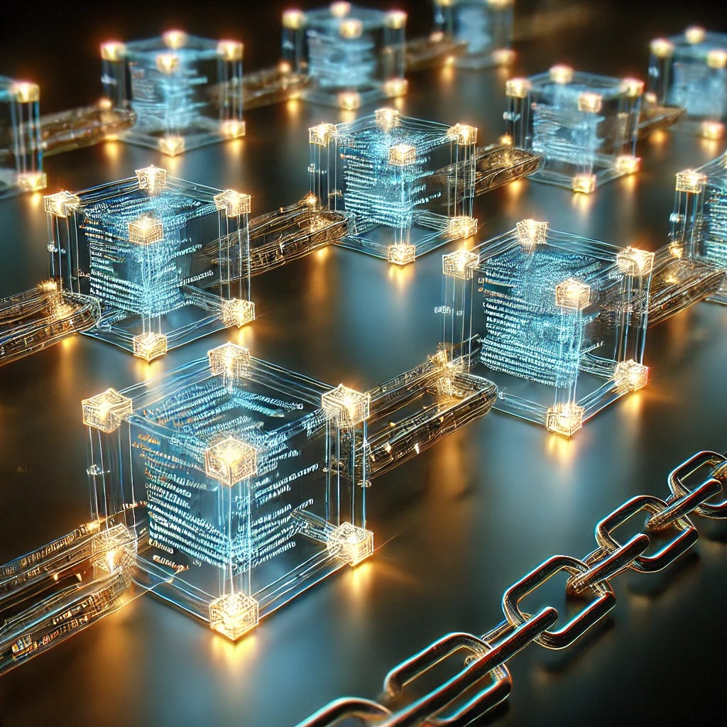 A futuristic visualization of computer code embedded within a blockchain. The image features glowing, interconnected blocks forming a horizontal chain, each block containing visible snippets of code. The blocks are semi-transparent, illuminated with blue and gold hues, with the code seamlessly integrated into the structure. The chain is set against a sleek, dark background, with glowing links emphasizing connectivity and the integration of programming elements within the blockchain. The overall style is modern, technical, and immersive.