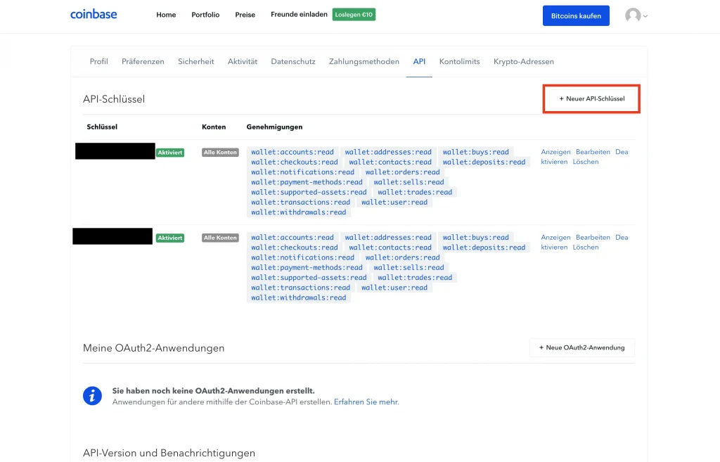 Coinbase Neue API Schlüssel