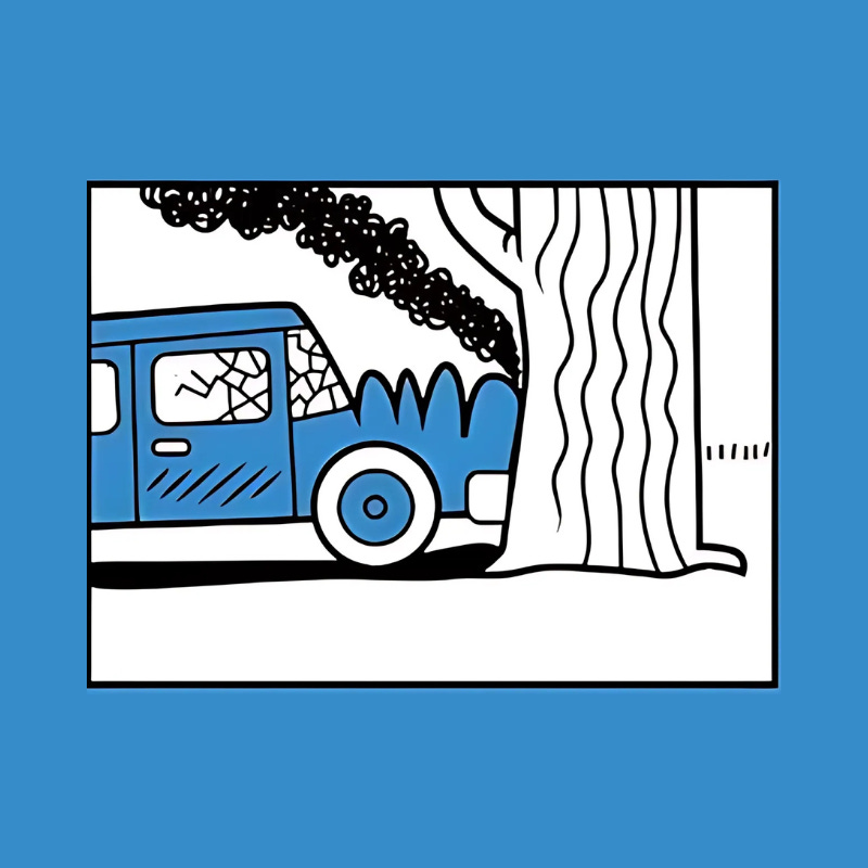 Illustration of a blue car crashed into a tree, with smoke billowing from the hood and cracks in the window. The scene is cartoonishly rendered with thick lines and a blue border. Illustration of a blue car crashed into a tree, with smoke billowing from the hood and cracks in the window. The scene is cartoonishly rendered with thick lines and a blue border.