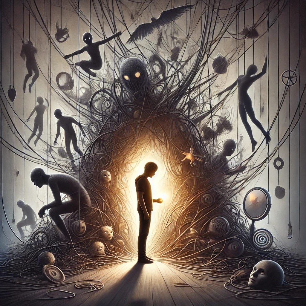 An emotional and symbolic illustration representing the vulnerability of individuals with ADHD and ASD in toxic relationships. The central figure stands in a shadowy, tangled environment, surrounded by symbolic representations of manipulation, gaslighting, and coercive control, such as puppet strings, distorted mirrors, and accusatory silhouettes. A soft light breaks through in the distance, symbolizing hope, self-awareness, and support. The figure is depicted in a stance of quiet resilience, holding a small glowing object symbolizing their inner strength. The atmosphere balances heaviness with a sense of empowerment and recovery.
