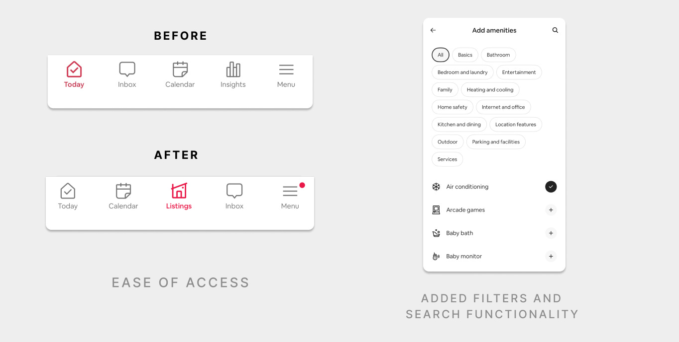 Before and After showing how they changed nav bar to include listings and more it more prominen. To the side, a screenshot showing the added filters and search funtionality for the amenities listing.