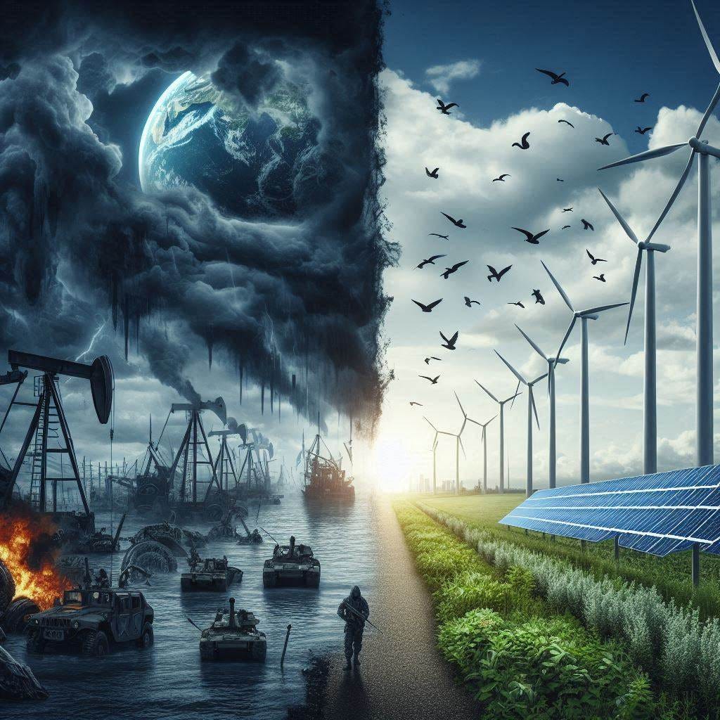 on the left side of the image, Oil wars against a dark and stormy sky. On the right side, peace and renewable wind and PV plants against a clear  and bright sky