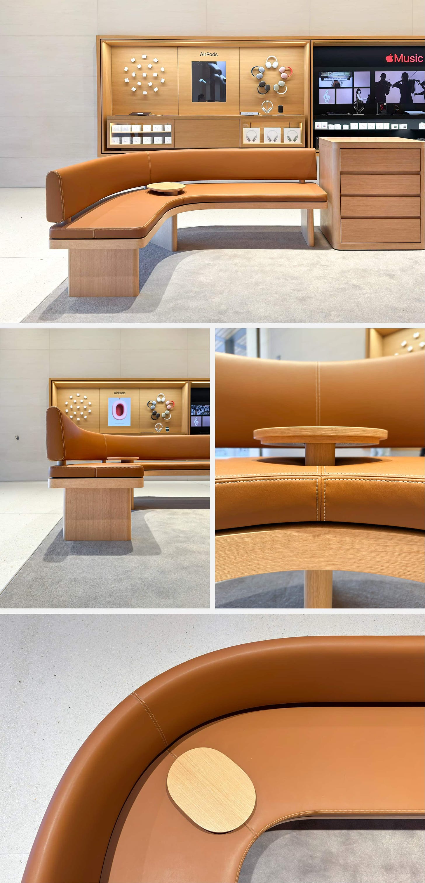 Apple Vision Pro Demo Zone fixtures: a sofa, a cabinet, and carpet.