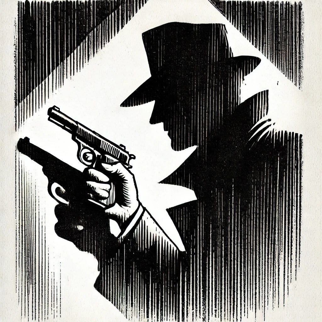 An illustration in the style of a 1950s inked drawing, depicting a film noir-inspired scene with shadows. The image features the silhouette of a hand holding a gun, cast dramatically against a wall. The style uses vintage ink lines typical of mid-century artwork, with high contrast black and white tones to evoke the mystery and tension of film noir. The shading is soft, and the use of light and shadow gives the illustration a classic, suspenseful atmosphere, reminiscent of 1950s noir films and comics.