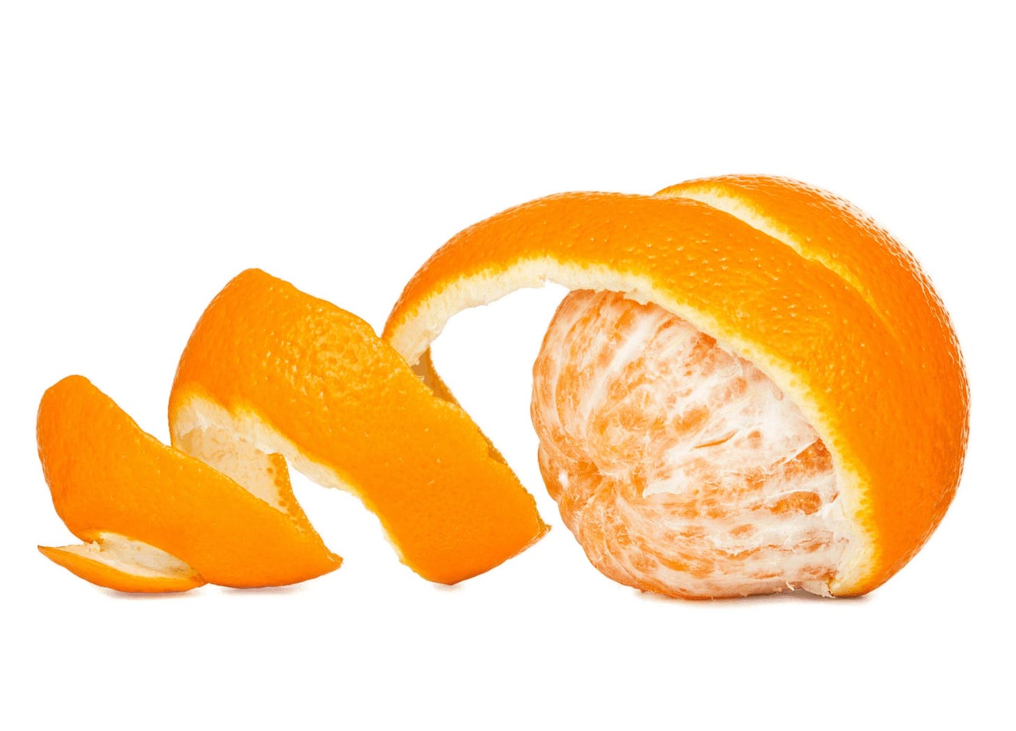 Half-peeled orange with the looping rind still attached