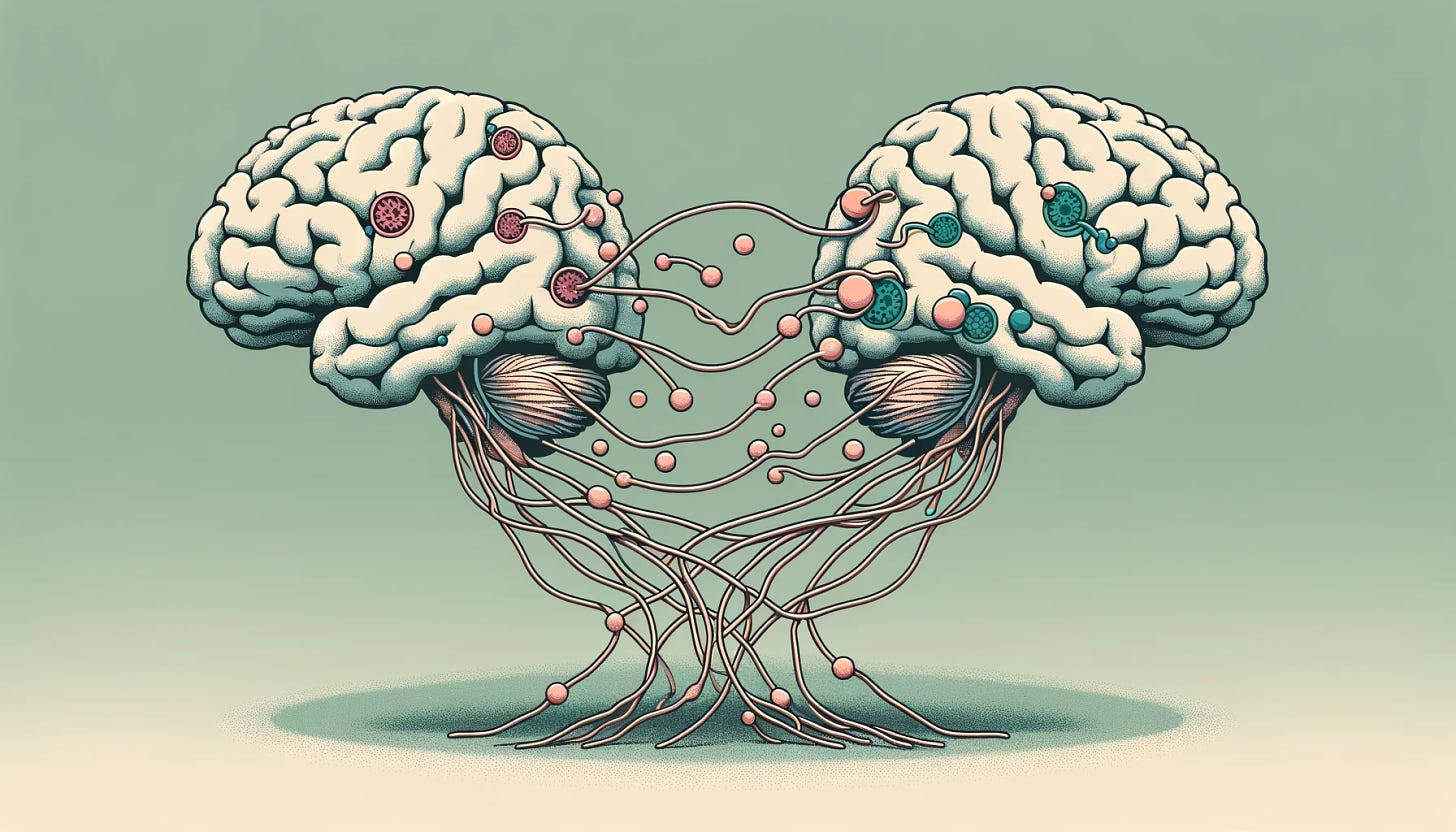 A vector illustration showing protein fibrils transferring from one human brain to another, with a focus on minimalism. Both brains should be connected by thin, winding protein fibrils. The brains should have areas depicted in darker shades, suggesting diseased or affected regions, contrasting with the rest of the brain in light shades. The style should remain stylized and not overly detailed. The background should be simple, ensuring the emphasis is on the interconnecting fibrils and the contrasting areas of the brains. The image is in landscape mode.