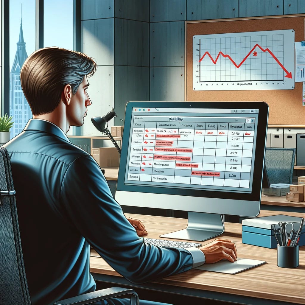 A semi-realistic office setting with a person seated at a desk in the foreground, facing a computer screen. The person is a middle-aged Caucasian man with short brown hair, wearing a formal blue shirt. On the computer screen, a project roadmap is visible, displaying several deliverables marked in red, indicating they are overdue or missed. In the background, over the man's shoulder, a whiteboard is visible. The whiteboard features a chart showing declining monthly revenues, with a downward trend clearly indicated. The office environment is professional, with a tidy desk, some office plants, and a window showing a cityscape.