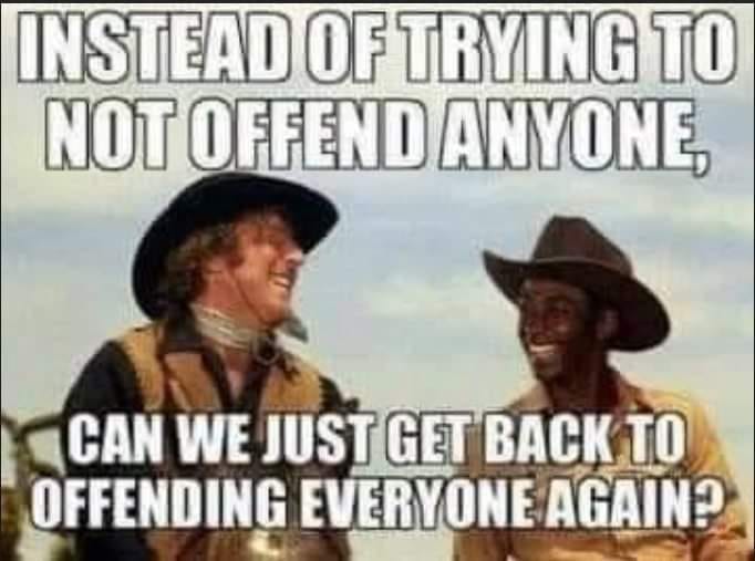 May be an image of 2 people and text that says 'INSTEAD OF TRYING TO NOT OFFEND ANYONE, CAN WE JUST GET BACK TO OFFENDING EVERYONE AGAIN?'