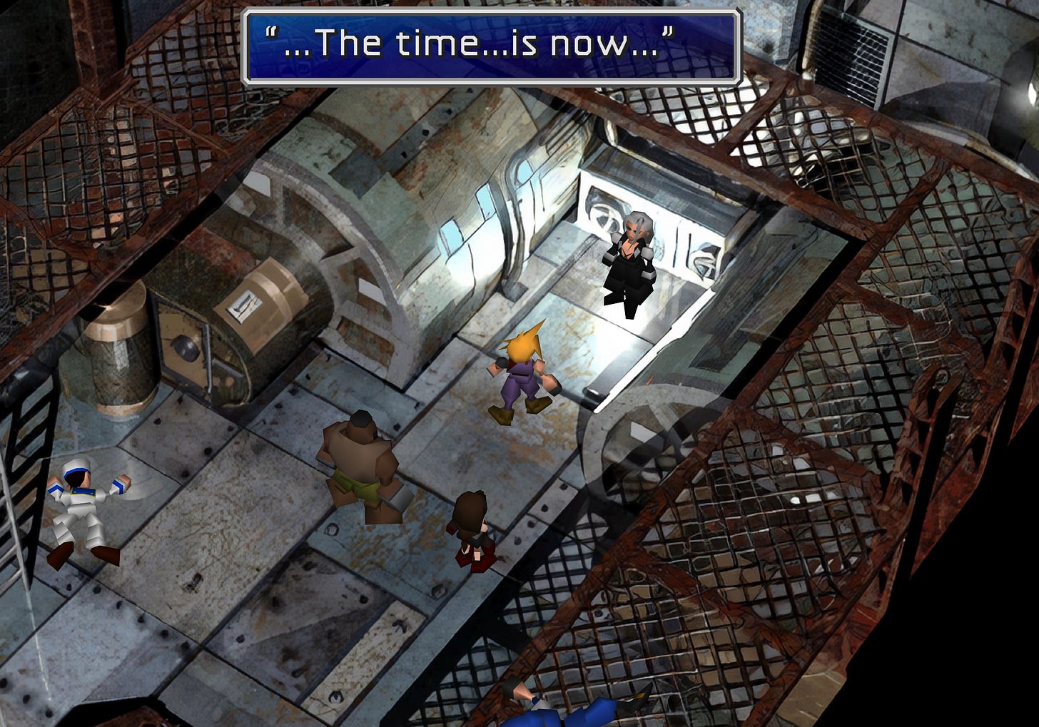 "...the time...is now..." — The party meets Sephiroth in the Shinra cargo ship's engine room.