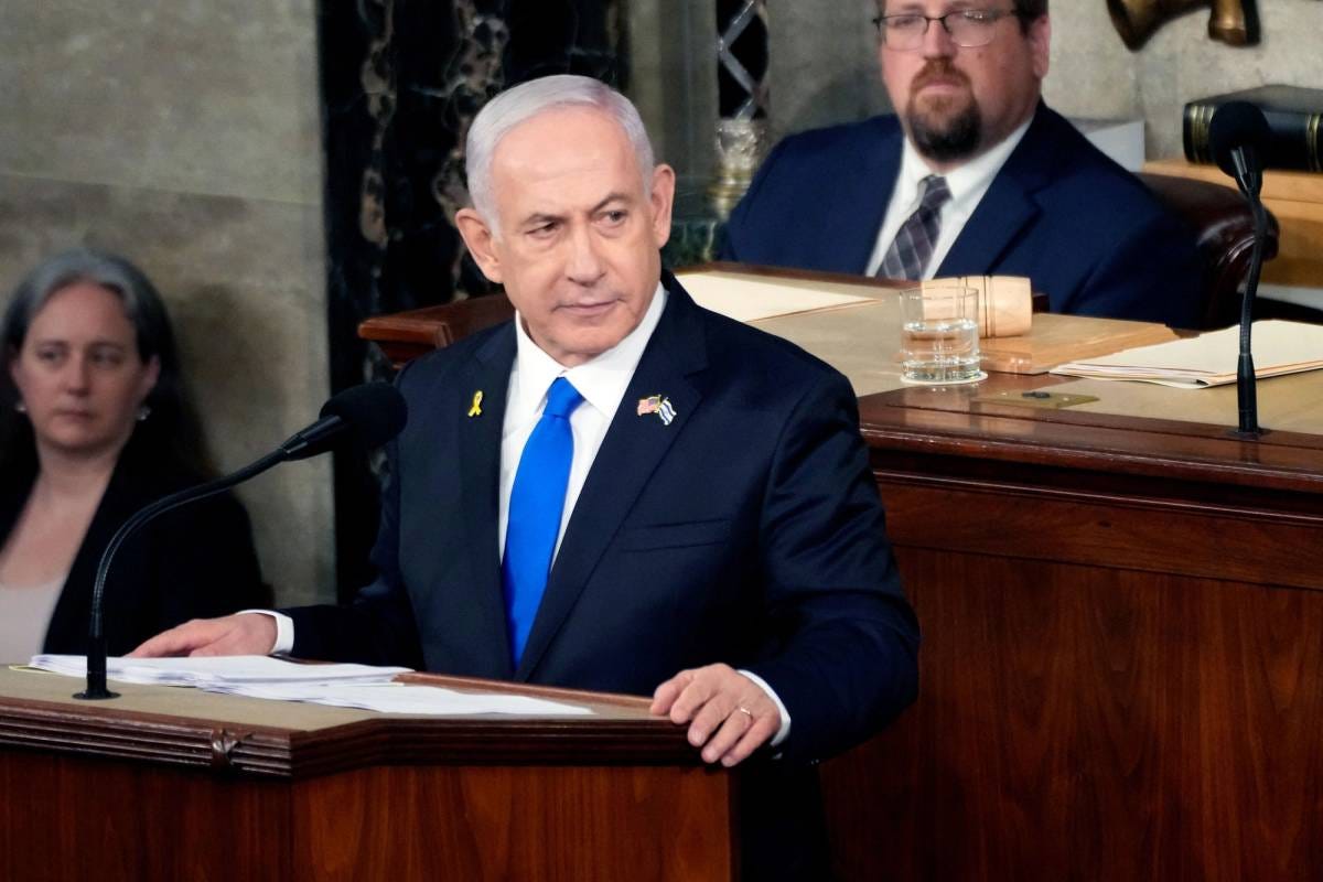 Benjamin Netanyahu discursa em uma reunião conjunta do Congresso na Câmara dos Representantes no Capitólio dos EUA em 24 de julho de 2024