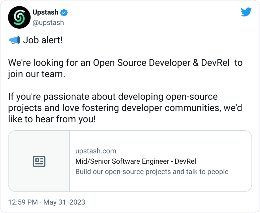 Upstash @upstash 📣 Job alert!   We're looking for an Open Source Developer & DevRel  to join our team.   If you're passionate about developing open-source projects and love fostering developer communities, we'd like to hear from you!