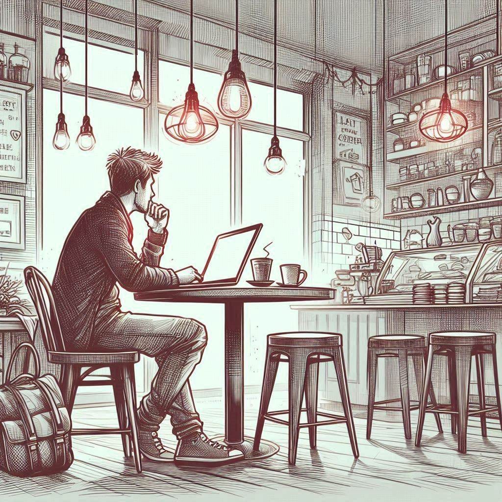a drawing of a cafe where a man sits at a table with a laptop, writing a story