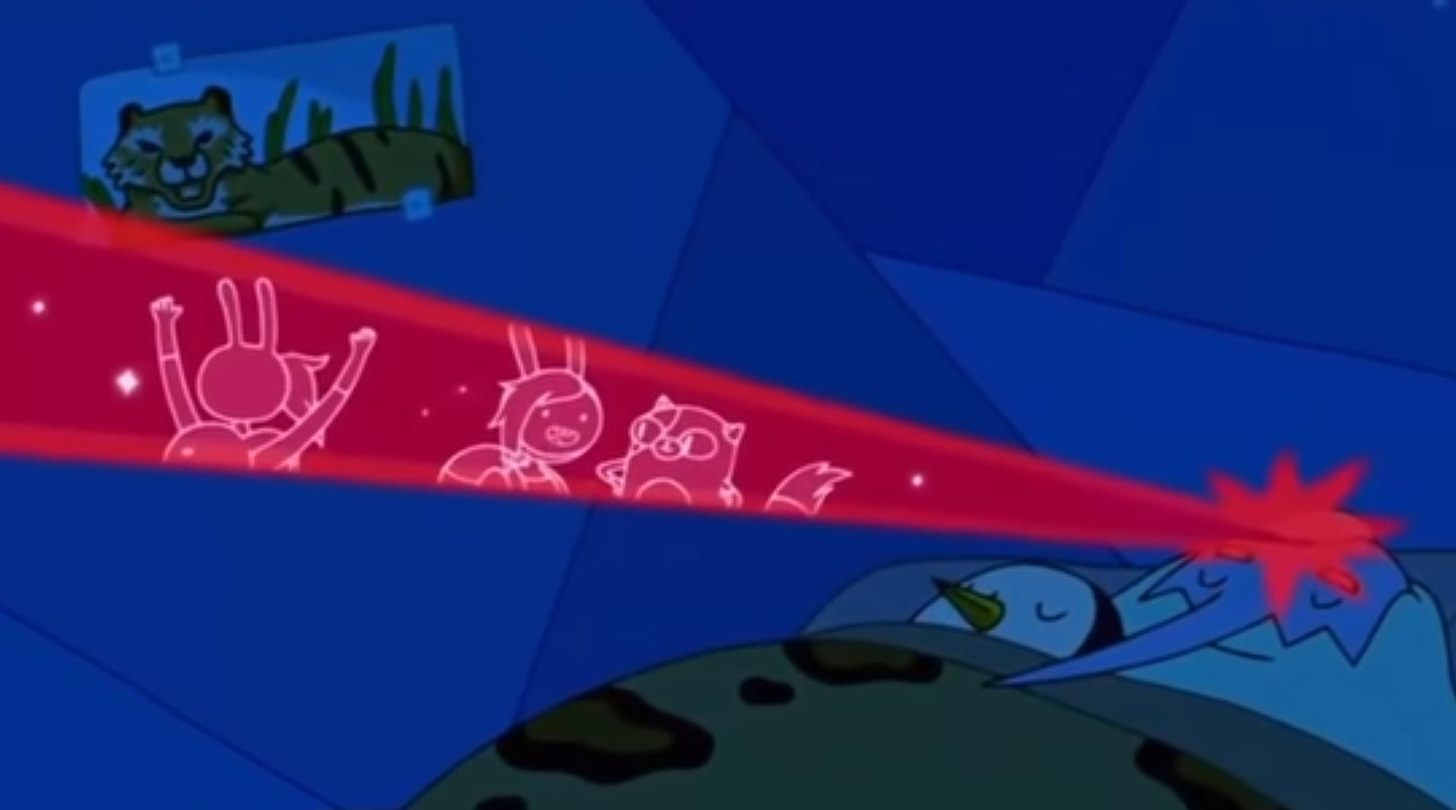 A still from the animated show, “Adventure Time,” where you see that while the Ice King sleeps, he gets images from a parallel reality beamed into his brain from an unknown source. He will then write down these dreams as alternative “fan fiction” of his own universe. 