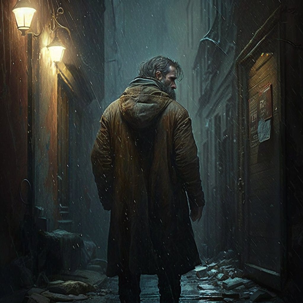 Disheveled, weathered, wandering, forlorn, ragged, resilient, bearded, makeshift, downtrodden, earnestly, determinedly, persevere, empathetic, nomadic, haggard, compassionate, struggle, vagabond, moonlit, alleyway.