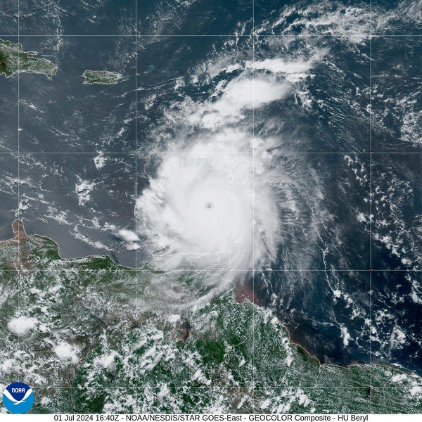 GeoColor satellite image of Hurricane Beryl over the Caribbean as of July 1, 2024, 16:40Z