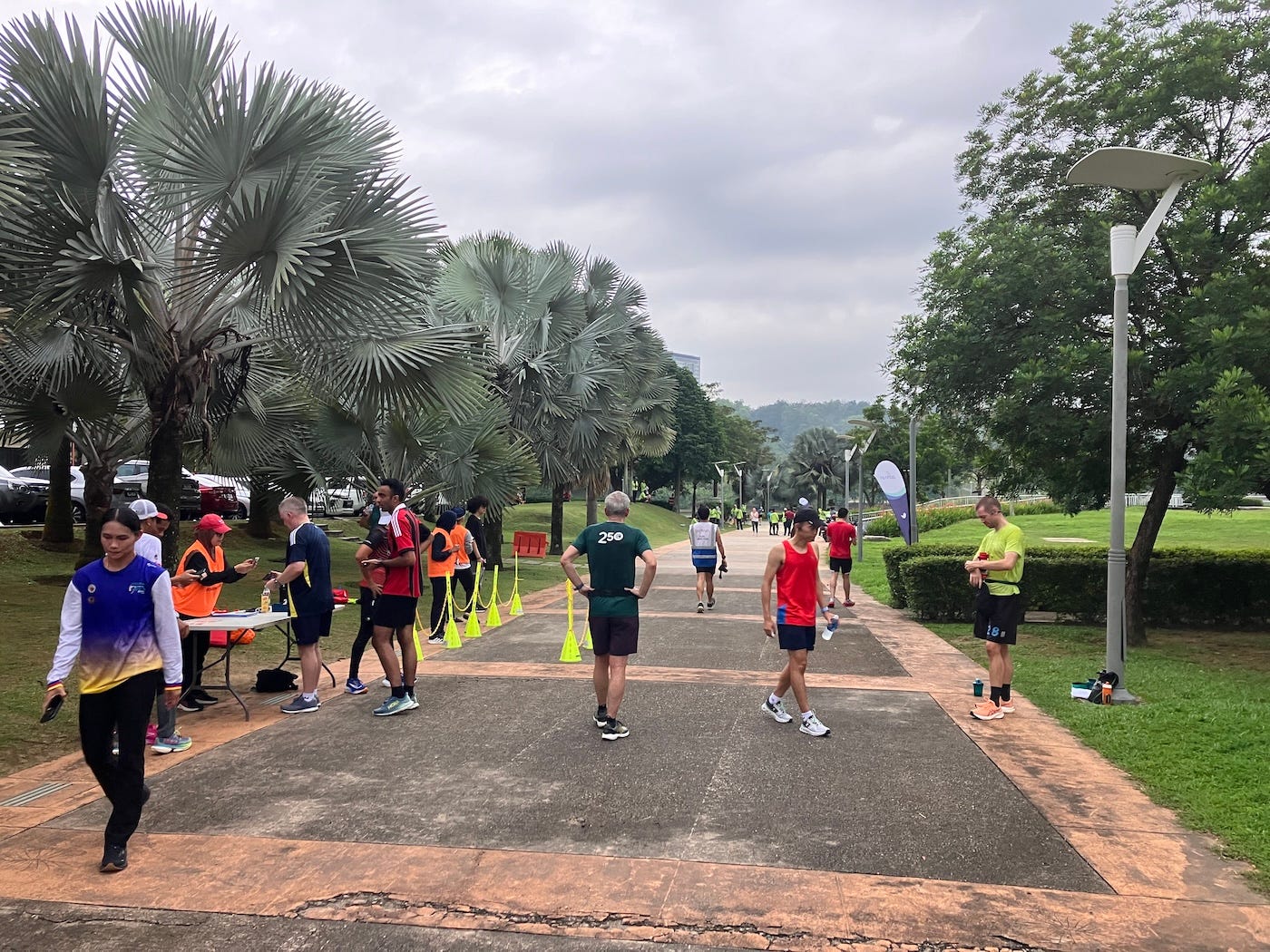 Finishers and volunteers by the finish funnel, marked by yellow cones under palm trees