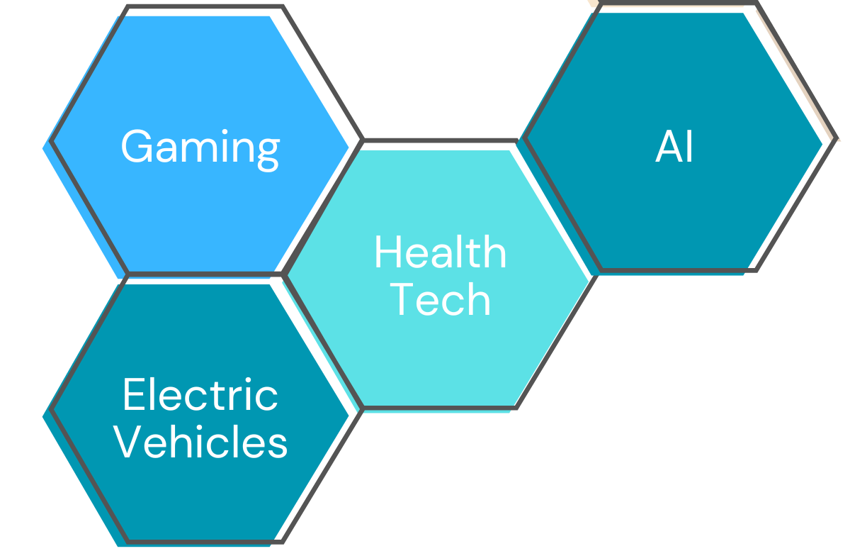 Gaming, Electric Vehicles, Health Tech and AI Driven Solutions shown as emerging sectors