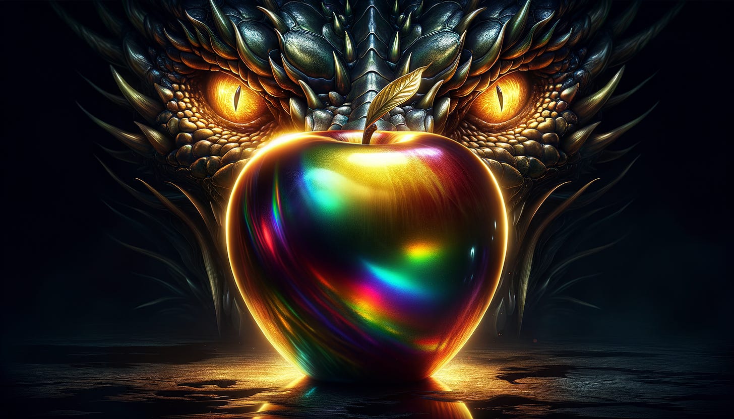 This image shows a colorful, iridescent apple with a golden leaf, placed in the foreground. Behind the apple, partially in shadow, is a menacing dragon. The dragon's scales, horns, and eyes are highly detailed, suggesting strength and power. The lighting in the scene highlights the contrasts between the smooth, reflective surface of the apple and the rugged, textured appearance of the dragon. The background is dark, which further emphasizes the apple and the dragon as the focal points. This represents Satan, the Serpent, the Dragon, tempting Eve, tempting Mankind. 