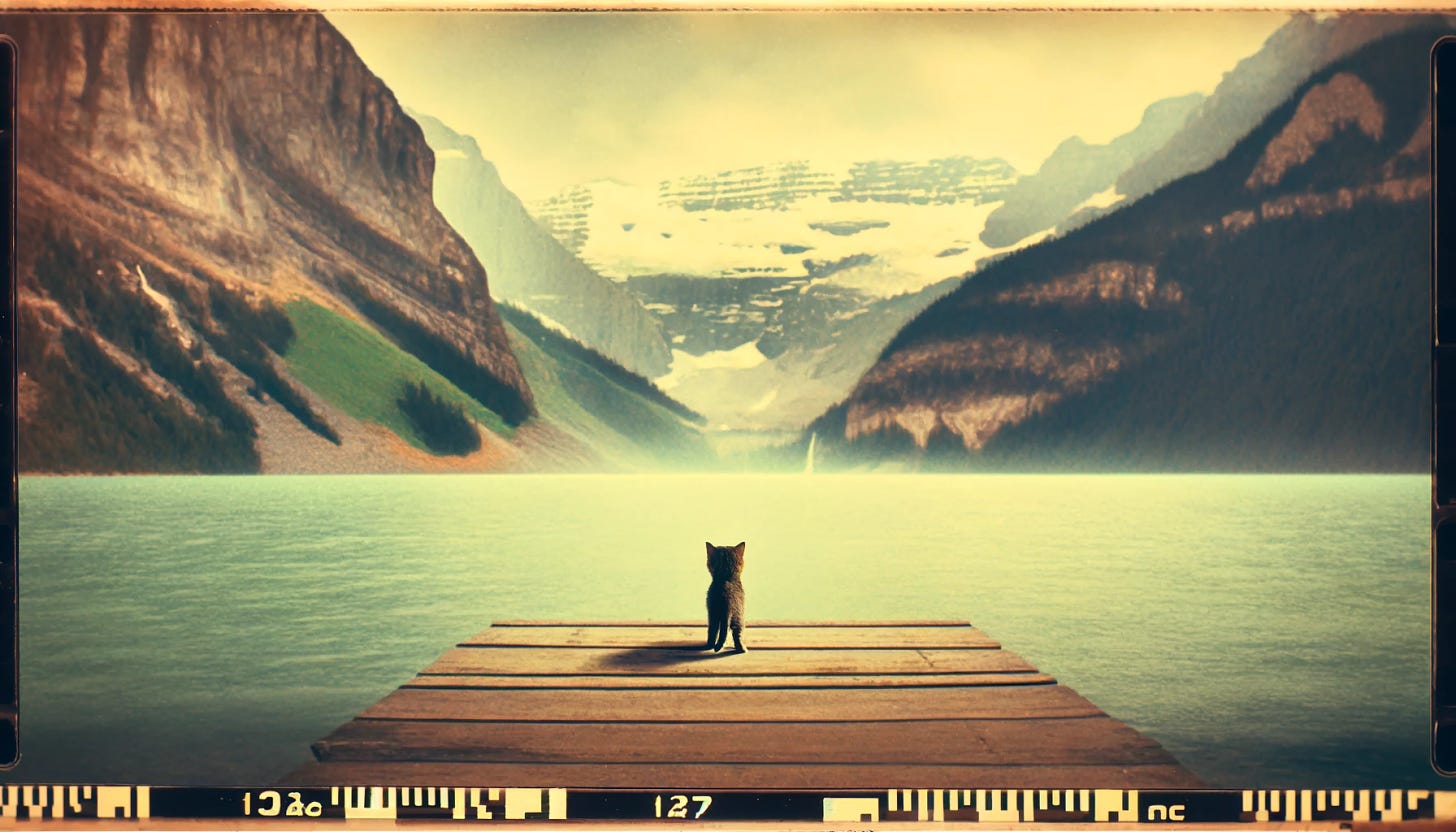 Visualize in an analog film style, a small kitten standing at the edge of a giant lake, depicted in a wide aspect ratio. This image should capture the vintage essence of film photography, with grainy textures, muted colors, and perhaps a slight vignette to frame the scene. The vastness of the lake contrasts with the kitten's small size, emphasizing a sense of adventure and exploration. The kitten looks out over the water, its figure a point of focus against the expansive and tranquil backdrop. This setting should evoke a nostalgic feeling, reminiscent of old family albums or classic cinema, capturing a moment suspended in time.