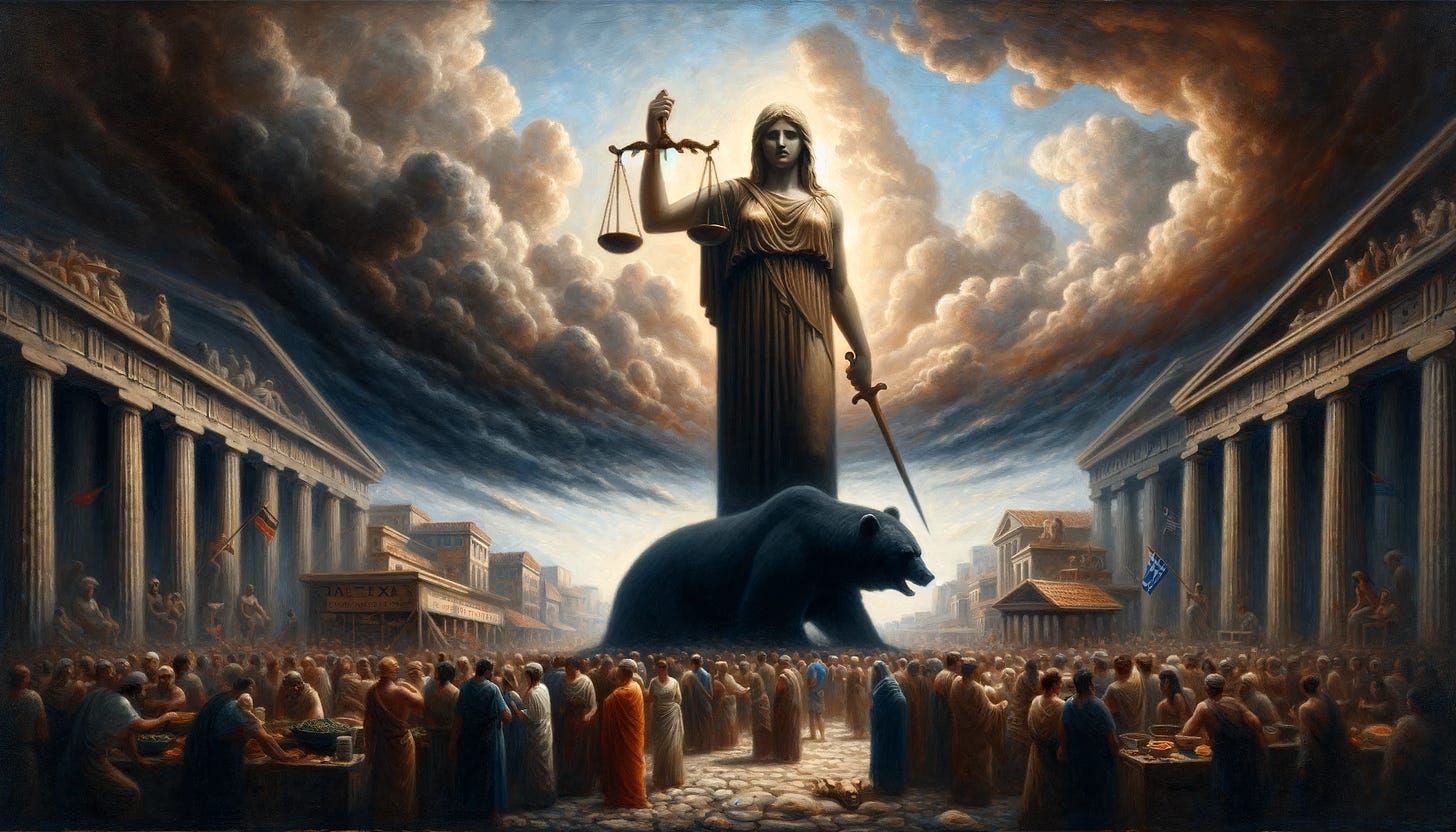 Oil painting in Ancient Greek style depicting a bustling marketplace full of traders and merchants. In the center stands a regal figure representing Anaideia, towering above the crowd, embodying prudence with a balance scale in one hand and ruthlessness with a sword in the other. Beside her, a large, solemn bear represents a bearish outlook. The skies above are a mix of calm and stormy, with a distant storm approaching on the horizon, symbolizing market downturns. Despite the foreboding weather, Anaideia's posture is confident and grounded. 