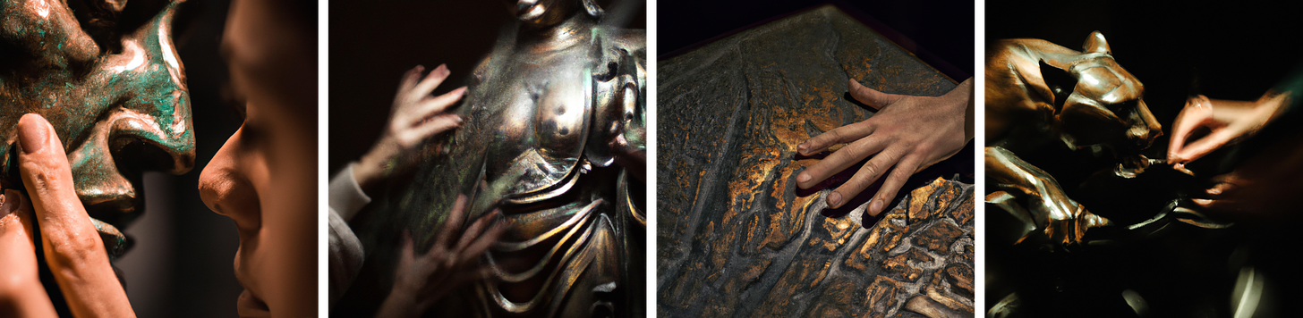 Four photorealistic images generated from text written by Cosmo Wenman via DALL-E. 1) A close up image of a person’s face very close to the face of a bronze sculpture, placing their hand on it. It’s a photorealistic image with dark and dramatic lighting. 2) An apparently Asian bronze sculpture, visible from the chin down to the groin. It is depicted with a flowing garment that is open at the chest. A pair of hands reach out to touch it. It is a photorealistic image with dark, dramatic lighting and mood. It has a motion-blurred effect as though it were a spontaneous photograph. 3) An open hand, palm down on a bronze terrain map with 3D detail. Dark, dramatic lighting and mood. 4) The front half of a sleek bronze sculpture of a panther, with a hand reaching out to touch it. It has dark lighting and dramatic mood, with a motion-blurred effect as though it were a spontaneous photograph.