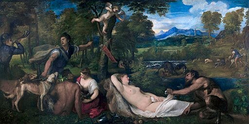 A landscape with figures in repose in the foreground, including Antiope laying nude and unconscious as a menacing Jupiter with horns like a Satyr kneels and pulls on her garment. To the side, a man blows a horn, and another man, wearing a cape, turns toward him; in the background, dogs tear apart another animal. A landscape with figures in repose in the foreground, including Antiope laying nude and unconscious as a menacing Jupiter with horns like a Satyr kneels and pulls on her garment. To the side, a man blows a horn, and another man, wearing a cape, turns toward him; in the background, dogs tear apart another animal.