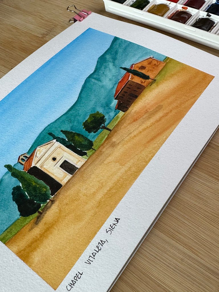 tuscany watercolor postcard closeup