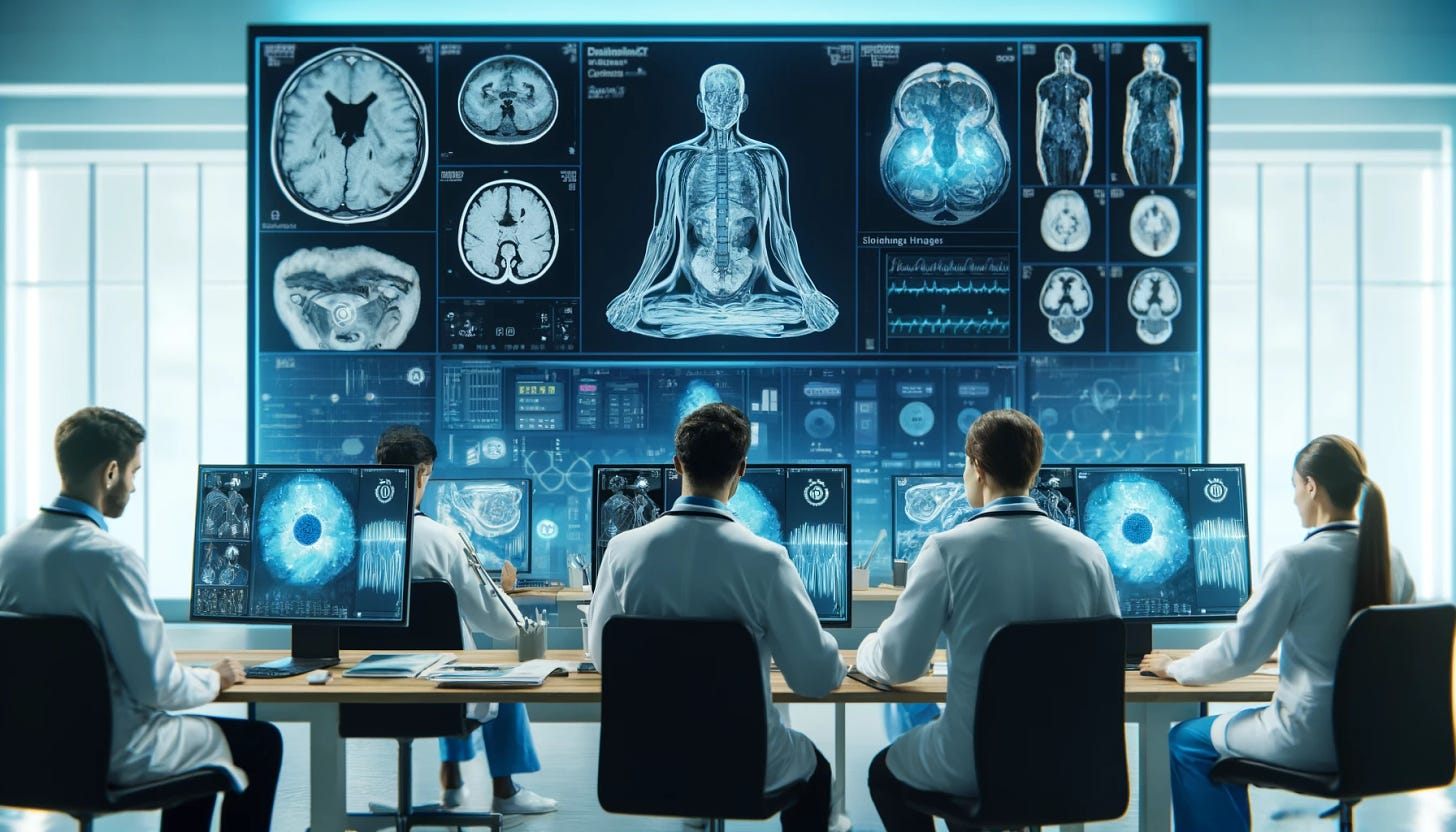 1. A 16:9 image showing radiologists using AI: Radiologists analyzing MRI images with the help of AI software on large monitors in a modern medical setting.