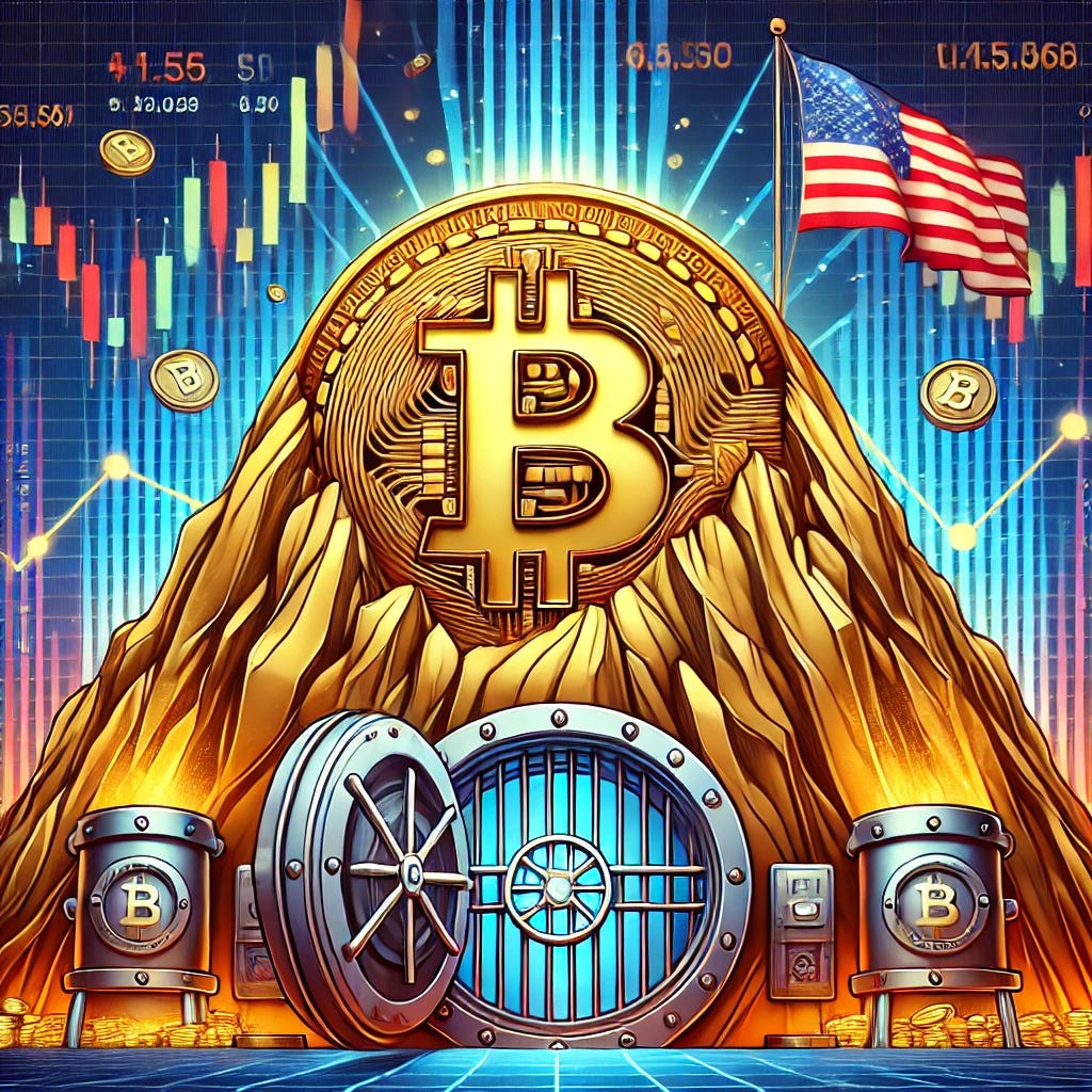 A creative and captivating pop-art style illustration depicting the strategic Bitcoin reserve of the United States. The image shows a giant Bitcoin symbol carved into a golden mountain, resembling a treasure hoard, surrounded by vault doors and secured with futuristic digital locks. The American flag is waving triumphantly at the mountain's peak, symbolizing U.S. ownership. Financial graphs, glowing blockchain lines, and stock market patterns cover the background, creating a sense of digital power and economic dominance. The style is clean, bold, and vibrant with striking colors like gold, red, and blue, evoking a sense of awe and excitement. Designed for a financial newsletter with a 16:9 format and professional aesthetics.