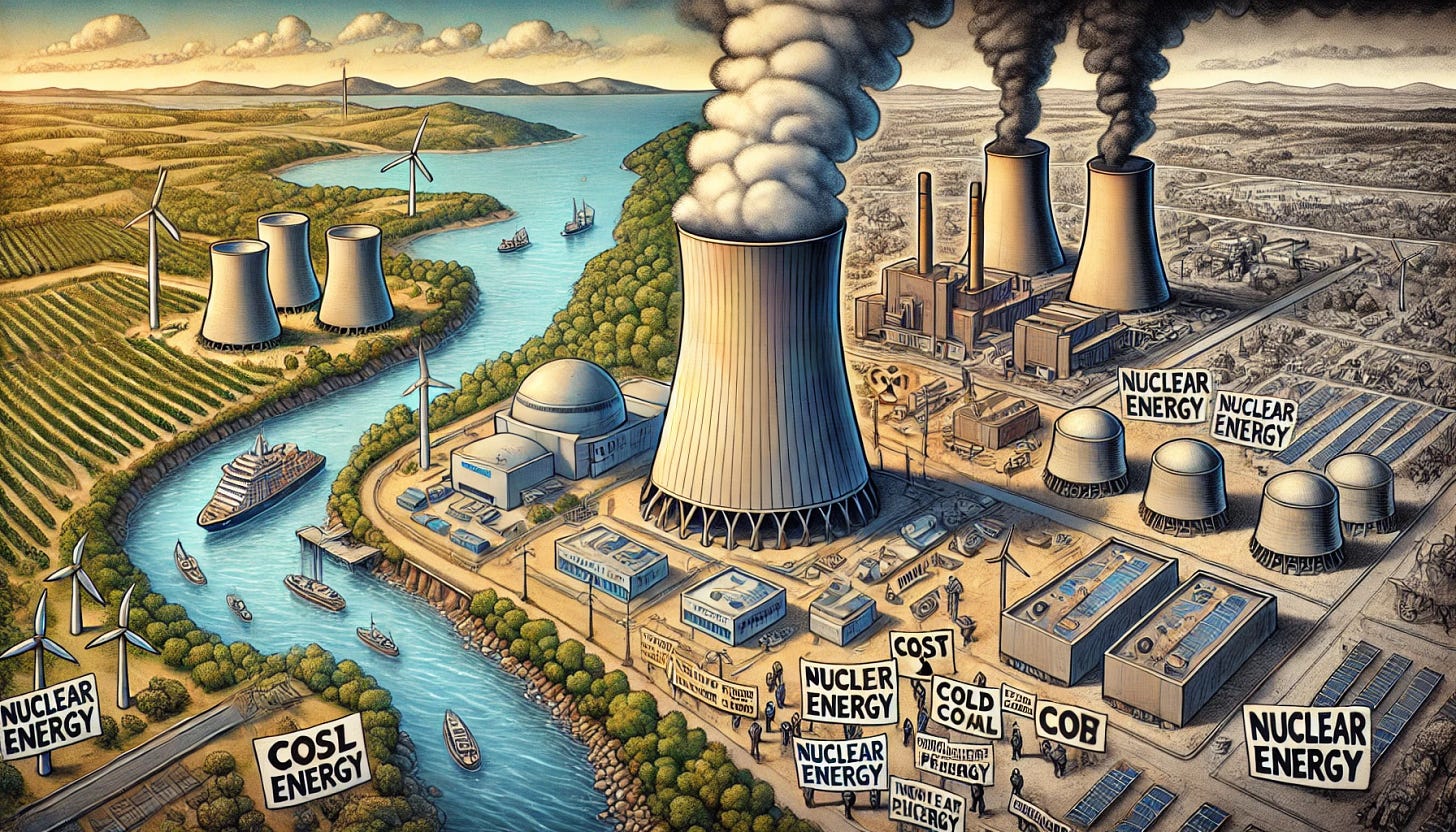 Create an image depicting the nuclear energy debate in Australia. Show a juxtaposition of a modern nuclear power plant next to an old coal power plant, both set in the Australian landscape with coastal areas visible in the background. Include signs of protest or debate, such as banners or signs held by people, indicating support and opposition. Depict elements of renewable energy, like wind turbines and solar panels, on one side, while the other side has smoke rising from the coal plant, showing the contrast between the old and new energy sources. Emphasize the conflicting perspectives on cost and practicality of nuclear energy.