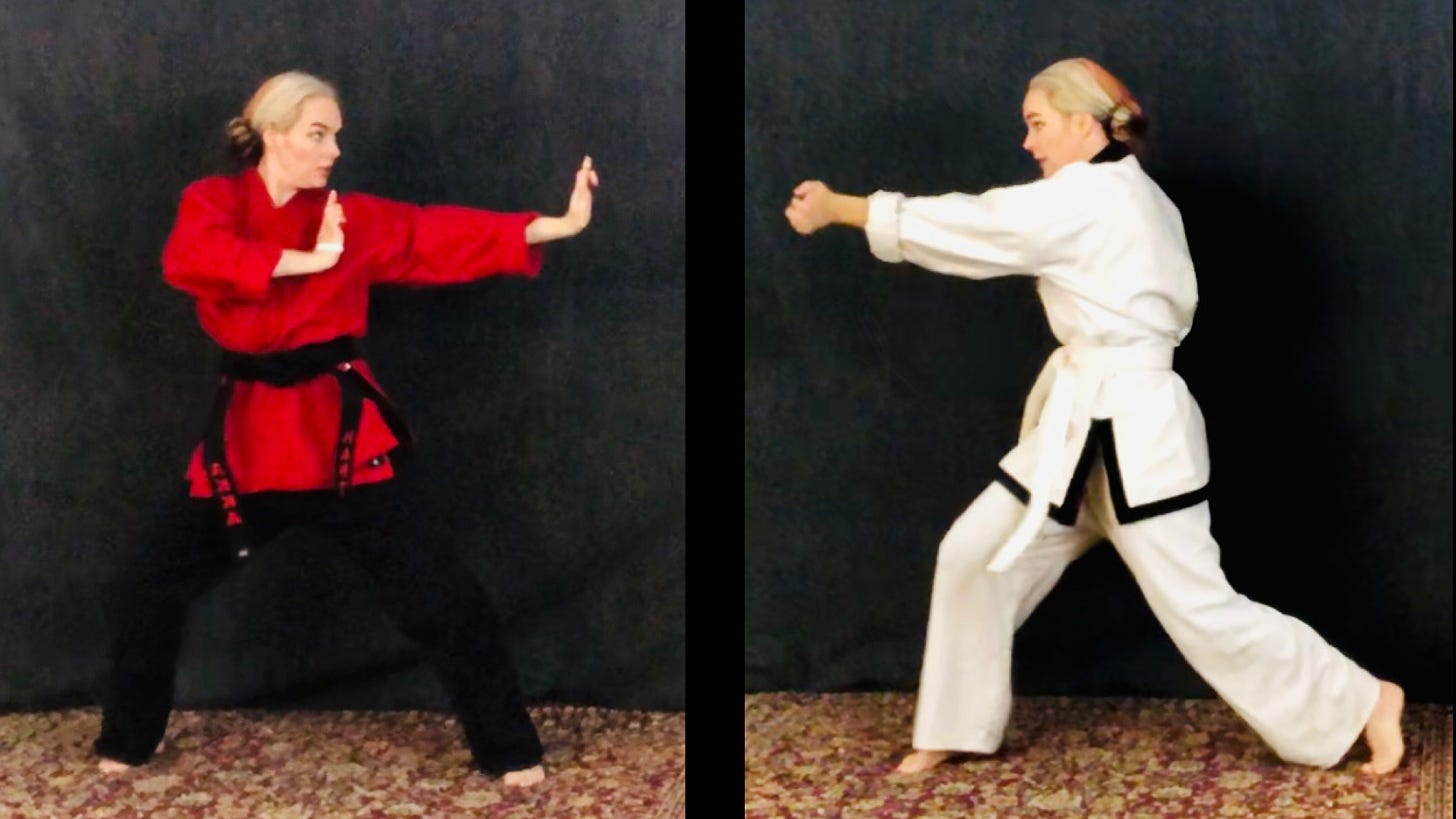 The author in a red and black karate gi and black belt, and in a white and black gi with white belt. Same day, different strikes.