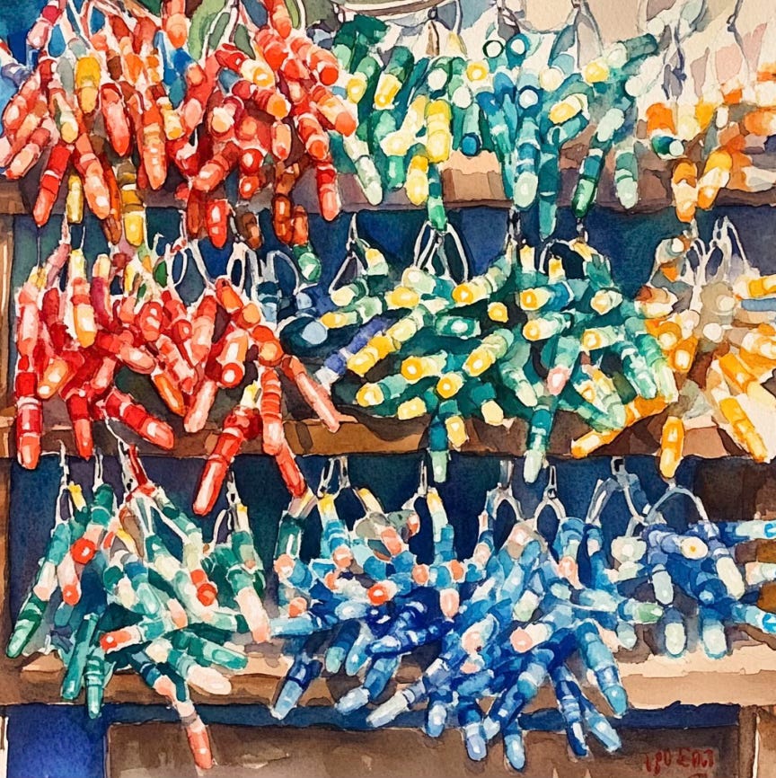 watercolor of a display of tiny Italian Christmas lights